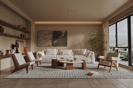 Antique Home Living Room Sofa Coffee Table Combination Leisure Sofa Chair Ceramic Pot Decoration Ornaments Green Planting 3d model