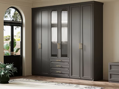 Gray Wardrobe With Glass Doors Gold Handles And Drawers In Bedroom Interior 3d model