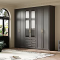 Gray Wardrobe With Glass Doors Gold Handles And Drawers In Bedroom Interior