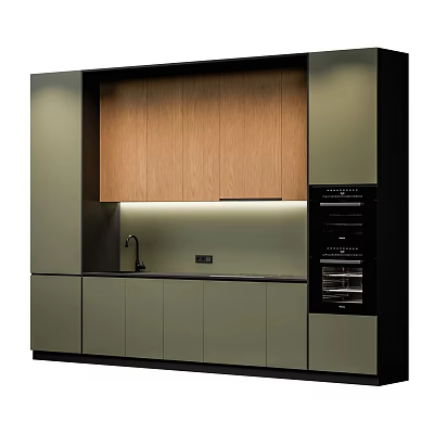 Modern Kitchen Cabinets With Wooden Gray Finish And Built-in Appliances Lighting 3d model