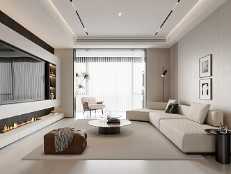 Modern Living Room Sofa Coffee Table Combination Leisure Chair Sofa Stool Side Table Hanging Picture TV Wall Fireplace Green Planting 3d model