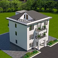 Three Story Detached Villa With White Exterior Balconies Lawn And Swimming Pool