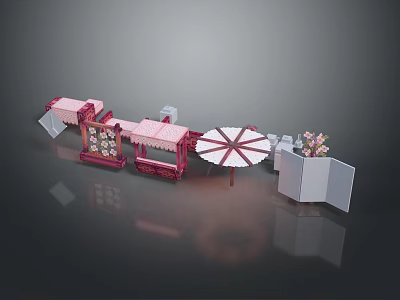 Elegant Outdoor Display Furniture With Pink Kiosk White Round Umbrella And Flower Bouquet 3d model