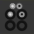 High Performance Automotive Parts With Stacked Black Tires And Polished Silver Wheels