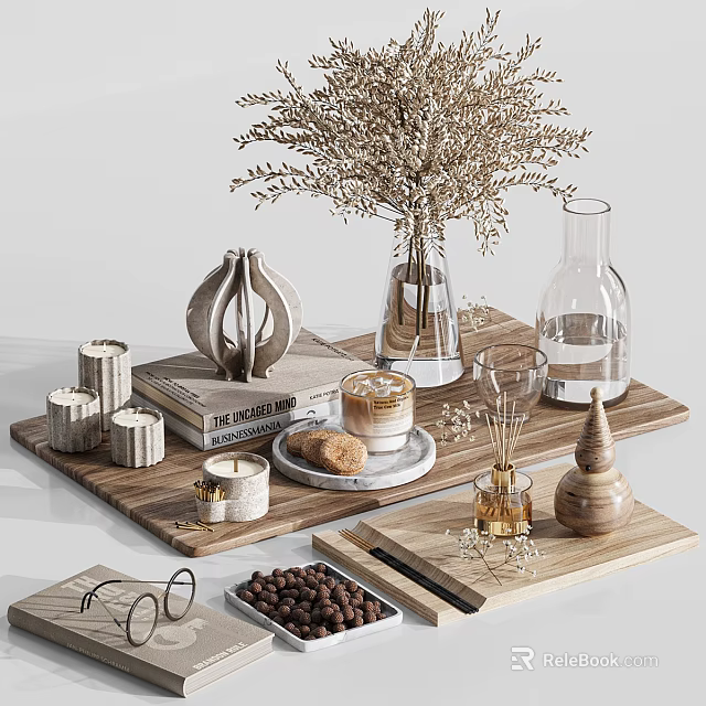 Decorative Ornament Set With Wooden Tray Dried Flowers Candles Coffee Cup Cookies And Nuts 3d model 