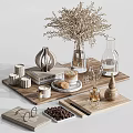 Decorative Ornament Set With Wooden Tray Dried Flowers Candles Coffee Cup Cookies And Nuts