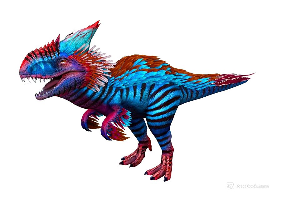 Colorful Feathered Dinosaur With Vibrant Red Blue Stripes And Open Mouth Pose 3d model 