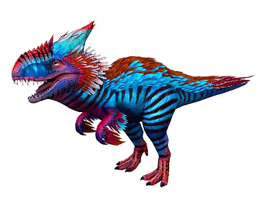 Colorful Feathered Dinosaur With Vibrant Red Blue Stripes And Open Mouth Pose 3d model