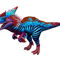 Colorful Feathered Dinosaur With Vibrant Red Blue Stripes And Open Mouth Pose