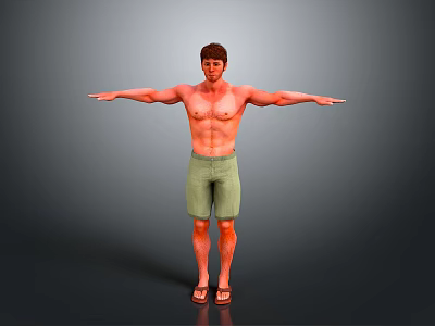 Man in green shorts and sandals with arms outstretched on gray background 3d model