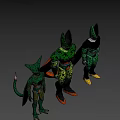 Three Green Character Action Figures With Spotted Patterns And Varied Poses