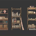 Vintage Wooden Shelves Displaying Clay Pots Books Boxes And Shoes Collection