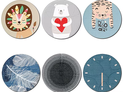 Round Area Rugs with Cartoon Animal Feather Tree Ring Clock Patterns for Kids Room Decor 3d model