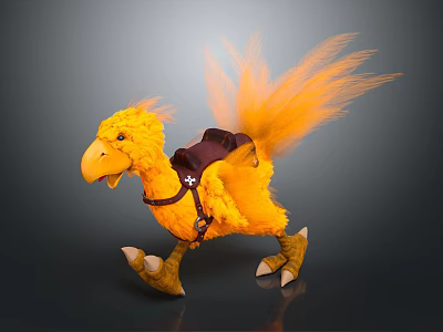 Yellow Fluffy Bird Like Creature Carrying Brown Backpack With Orange Feathers 3d model