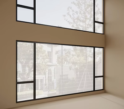 Modern Sheer Curtains On Large Windows With Trees And Buildings View In Minimalist Room 3d model