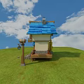 Cartoon Scene with Quirky House Blue Roof Yellow Barrel Wooden Barrels Ladder Lantern Green Grass