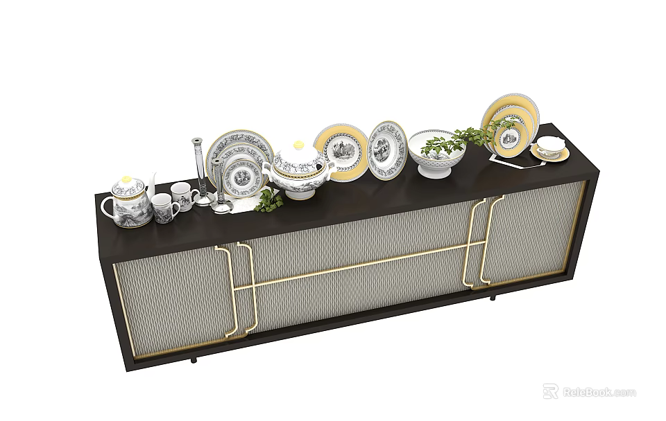 Elegant Tableware Set With Plates Cups Bowls On Black Cabinet With Gold Accents And Greenery 3d model 