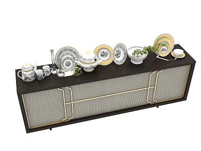 Elegant Tableware Set With Plates Cups Bowls On Black Cabinet With Gold Accents And Greenery 3d model