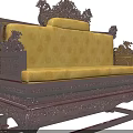 Traditional Wooden Carved Seat With Yellow Upholstered Backrest And Ornamental Frame
