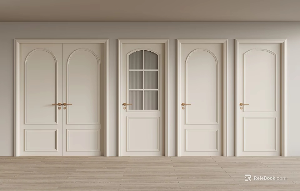 Modern Interior Sliding Doors With Arched Design White Finish And Glass Panes 3d model 