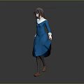 Anime Game Character With Brown Hair Blue Dress White Collar Cuffs Flowing Skirt Brown Shoes