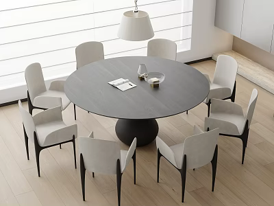 Modern Round Gray Dining Table Set With Six Light Colored Chairs And Window Blinds 3d model