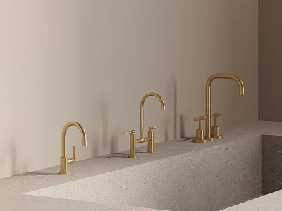 Three Golden Faucets Mounted On Grey Countertop With Light Wall Background 3d model