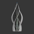 Modern Tower Building With Streamlined White Exterior Blue Gold Stripes And Blue Top Sphere