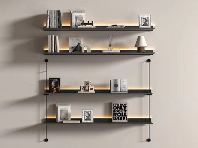 Modern Wall Mounted Shelving Unit With Books Photo Frames Decor And Table Lamp 3d model