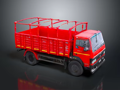 Red Commercial Truck With Open Railed Cargo Bed And Metal Frame Structure 3d model