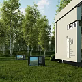 Garden Landscape Design With Green Grass Trees Modern Structure And Outdoor Installations