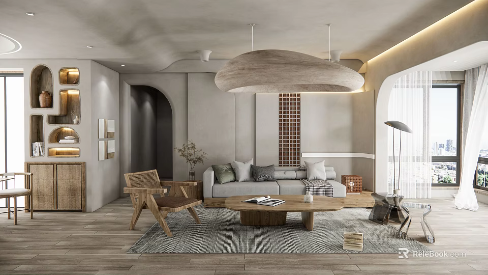 Minimalist Modern Living Room Interior With Sofa Coffee Table And Pendant Light 3d model 
