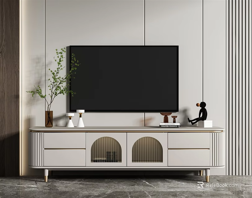 Modern Light Colored TV Stand With TV Decorative Items And Openwork Drawers 3d model