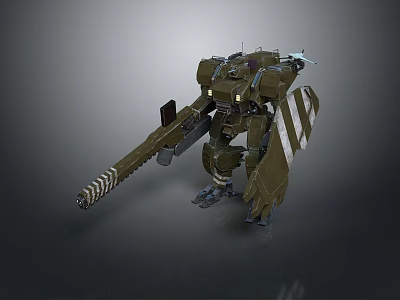 Detailed Green Armored Mech Warrior With Heavy Cannon And Striped Armor Plates 3d model