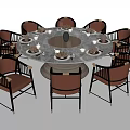 Modern Round Dining Table Set With Marble Top And Brown Upholstered Chairs 3d model