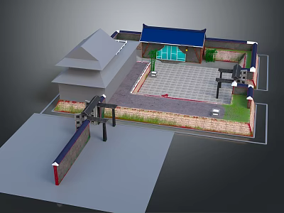 Cartoon Style Traditional Chinese Courtyard Scene With Gray Roof Blue Eaves And Brick Walls 3d model