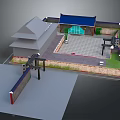 Cartoon Style Traditional Chinese Courtyard Scene With Gray Roof Blue Eaves And Brick Walls
