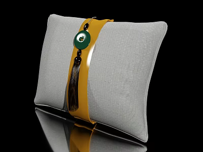 Gray Fabric Pillow With Yellow Strap Green Circular Accent And Tassel 3d model