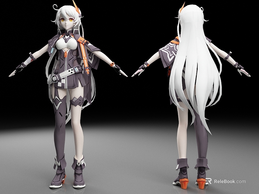 Anime Character Front And Back Views With Long White Hair Gray Orange Outfit Mechanical Armor 3d model 