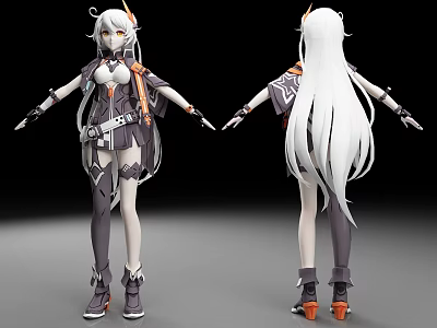 Anime Character Front And Back Views With Long White Hair Gray Orange Outfit Mechanical Armor 3d model