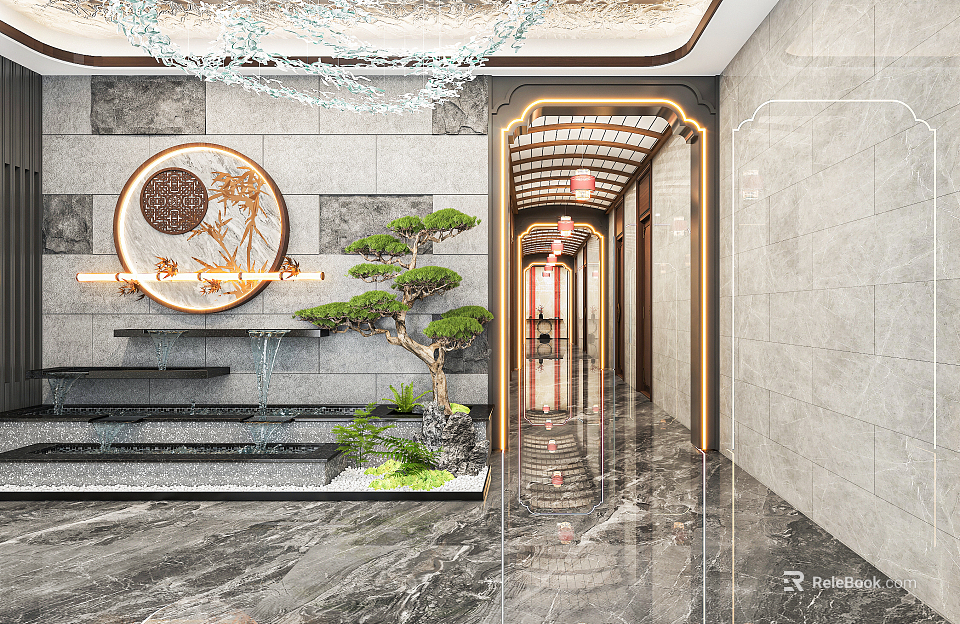 Chinese Style Elevator Corridor With Circular Decorative Painting Rockery Water Green Plants And Marble Floor 3d model 