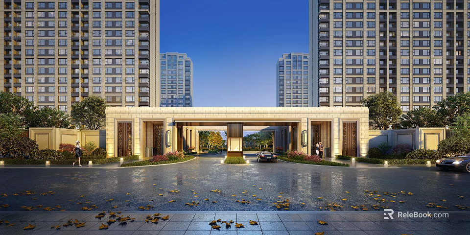 Modern Residential Entrance With High Rise Buildings Courtyard Parked Car And Pedestrians 3d model 