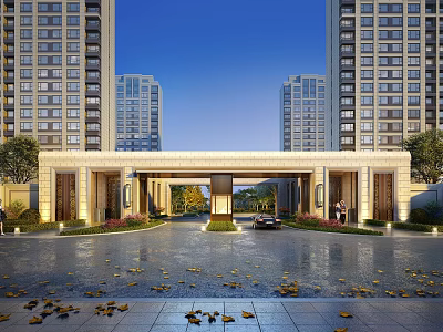 Modern Residential Entrance With High Rise Buildings Courtyard Parked Car And Pedestrians 3d model