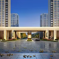 Modern Residential Entrance With High Rise Buildings Courtyard Parked Car And Pedestrians