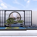 Chinese Style Feature Wall with Circular Design Potted Pine Water Feature and Rocks 3d model