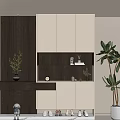 Modern Minimalist Shoe Cabinet With LED Lighting Open Shelves And Decorative Plants