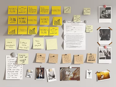 Business Plan Sticky Notes With Marketing Research Charts And Handwritten Notes On Wall 3d model