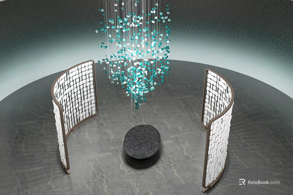 Modern Crystal Bead Chandelier With Arched Screens And Black Round Table On Stone Floor 3d model 