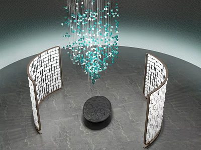 Modern Crystal Bead Chandelier With Arched Screens And Black Round Table On Stone Floor 3d model