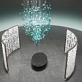 Modern Crystal Bead Chandelier With Arched Screens And Black Round Table On Stone Floor